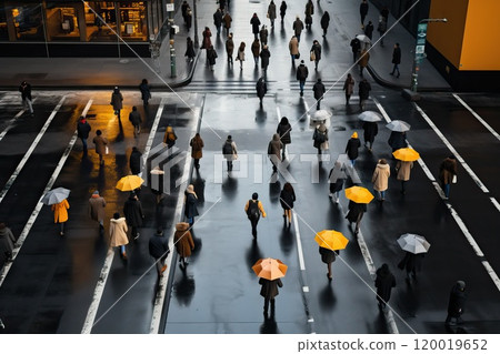 Aerial. People crowd motion through the pedestrian crosswalk. Top view. 120019652