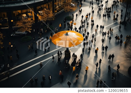 Aerial. People crowd motion through the pedestrian crosswalk. Top view. 120019655
