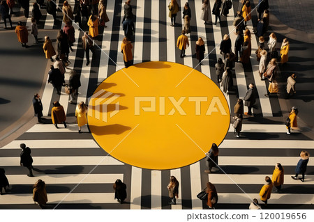 Aerial. People crowd motion through the pedestrian crosswalk. Top view. 120019656