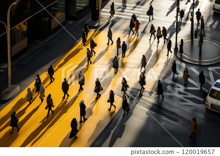 Aerial. People crowd motion through the pedestrian crosswalk. Top view. 120019657