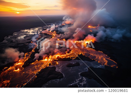 Eruption of a large volcano from a bird's eye view, top view of the volcano and flowing hot magma. 120019681