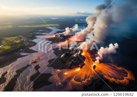 Eruption of a large volcano from a bird's eye view, top view of the volcano and flowing hot magma. Eruption of a large volcano from a bird's eye view, top view of the volcano and flowing hot magma. 120019682
