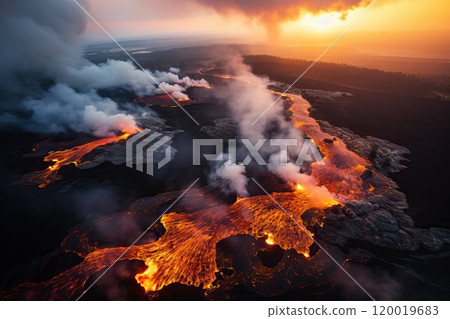 Eruption of a large volcano from a bird's eye view, top view of the volcano and flowing hot magma. 120019683