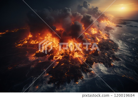 Eruption of a large volcano from a bird's eye view, top view of the volcano and flowing hot magma. 120019684