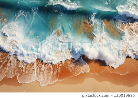 Foamy blue waves on the shore of the beach, top view of the beach. 120019686
