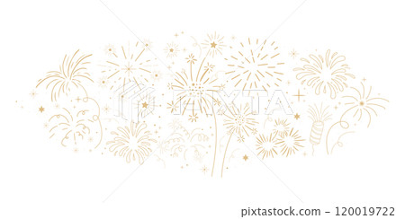 Fireworks festive explosion golden bursts, sparks in doodle style seamless pattern border. Holiday celebration decoration.  120019722