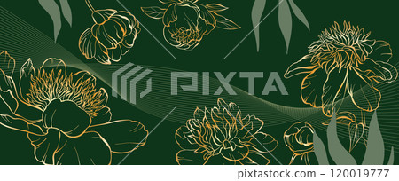 Banner with with golden flowers tulips.Engraving floral green background 120019777