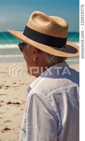 elderly man with panama hat on the beach 120019778