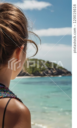 pretty woman posing in the sea in a blue sky, outdoor portrait hipster.  120019816