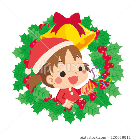 Illustration of a cute little girl popping a cracker and a Christmas wreath Vector White background Clip art Illustration of a cute little girl popping a cracker and a Christmas wreath Vector White background Clip art 120019911