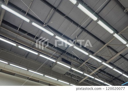 Fluorescent Lamps on Warehouse Ceiling. 120020077