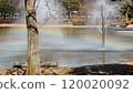 A rainbow in the fountain of a park pond 120020092