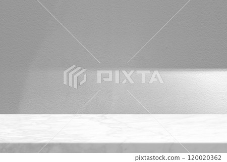 Marble Table with White Stucco Wall Texture Background with Light Beam and Shadow Marble Table with White Stucco Wall Texture Background with Light Beam and Shadow 120020362