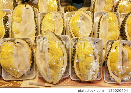 Durians in the market in Thailand. 120020404