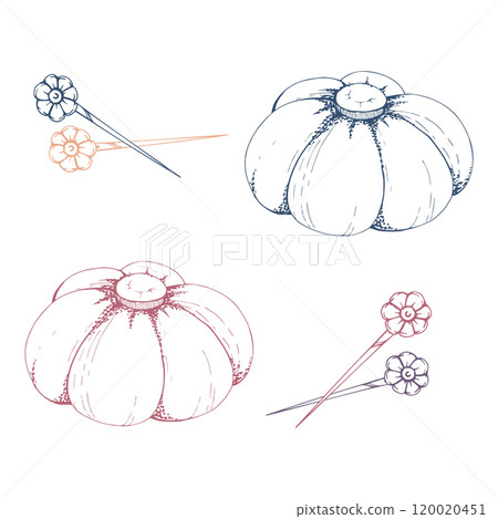 Red indigo pin cushion with flower pins needles. Hand drawn ink vector illustration sewing craft embroidery mending supplies. Set of isolated objects for atelier, tailor, hobby shop, fashion boutique 120020451