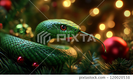 Green snake resting among Christmas decorations Green snake resting among Christmas decorations 120020538