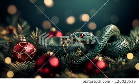 A green snake curled among Christmas ornaments A green snake curled among Christmas ornaments 120020539