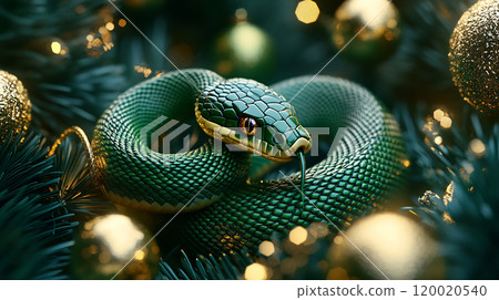 Green snake coiling among festive golden ornaments Green snake coiling among festive golden ornaments 120020540
