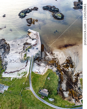 Aerial view of the Pier in Rossbeg in County Donegal during autumn - Ireland 120020661