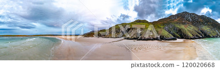 Aerial view of the beach and caves at Maghera Beach near Ardara, County Donegal - Ireland. Aerial view of the beach and caves at Maghera Beach near Ardara, County Donegal - Ireland. 120020668