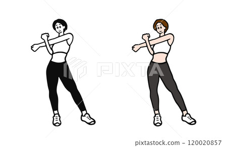 Illustration of a woman stretching shoulders, arms, shoulder blades 120020857