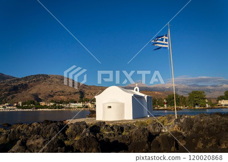 Saint Nicholas chapel of Georgioupoli, Crete island, Greece, dawn on a sunny summer day 120020868
