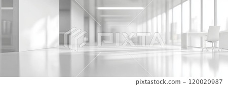 Blurred background of white modern office with desk and panoramic windows. Banner with place for text 120020987
