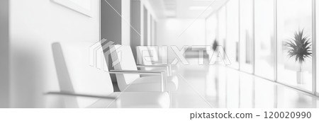Blurred background of white office or hospital corridor with row of white chairs. Banner with place for text Blurred background of white office or hospital corridor with row of white chairs. Banner with place for text 120020990