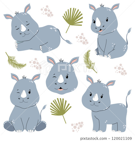 Safari childrens rhino set in flat style isolated on white background, Safari childrens rhino set in flat style isolated on white background, 120021109