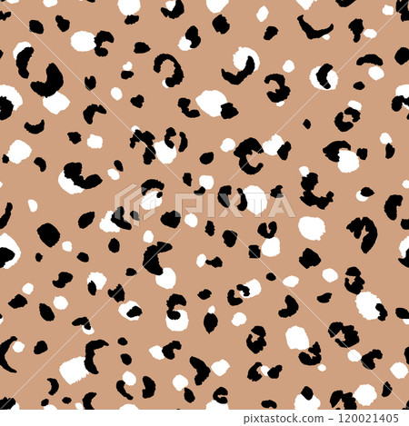 Abstract modern leopard seamless pattern. Animals trendy background. Orange and black decorative vector stock illustration for print, card, postcard, fabric, textile. Modern ornament of stylized skin Abstract modern leopard seamless pattern. Animals trendy background. Orange and black decorative vector stock illustration for print, card, postcard, fabric, textile. Modern ornament of stylized skin 120021405