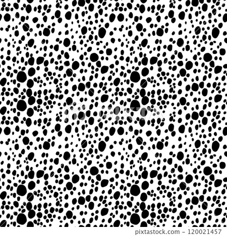 Abstract modern dalmatian fur seamless pattern. Animals trendy background. Black and white decorative vector illustration for print, card, postcard, fabric, textile. Modern ornament of stylized skin 120021457