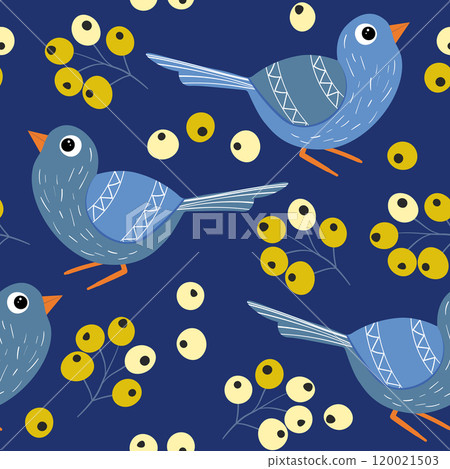 Seamless pattern with funny colorful birds, flowers, leaves and berries. Color flat vector illustration with little cartoon bird. Cute characters. Design for invitation, poster, card, textile, fabric Seamless pattern with funny colorful birds, flowers, leaves and berries. Color flat vector illustration with little cartoon bird. Cute characters. Design for invitation, poster, card, textile, fabric 120021503