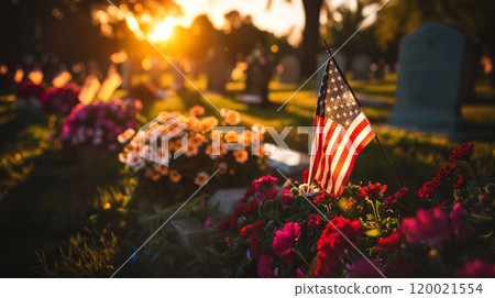Serene cemetery at sunset with american flags and blooming flowers 120021554