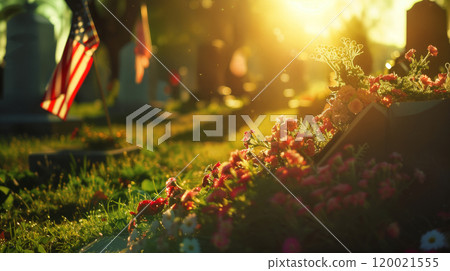 Serene cemetery at sunset with american flags and flowers for memorial reflection 120021555