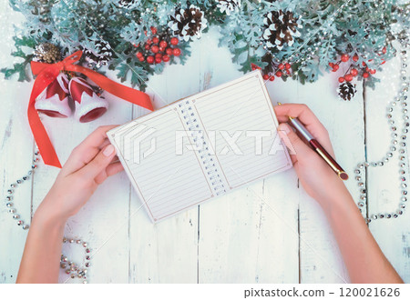 Christmas wooden background with snow branch. Top view with copy space for your text Christmas wooden background with snow branch. Top view with copy space for your text 120021626