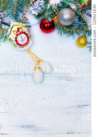 Christmas wooden background with snow branch. Top view with copy space for your text Christmas wooden background with snow branch. Top view with copy space for your text 120021630