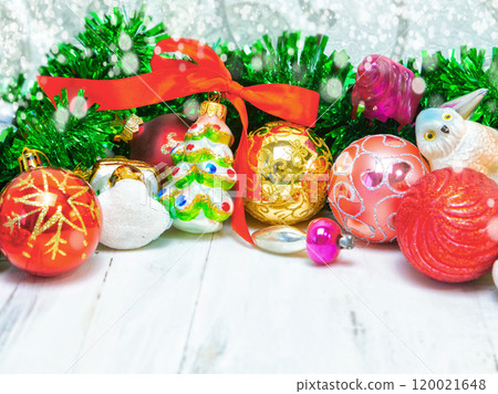 Christmas and New Year background. handmade Christmas glass toys in the snow, Christmas card. place for text. 120021648