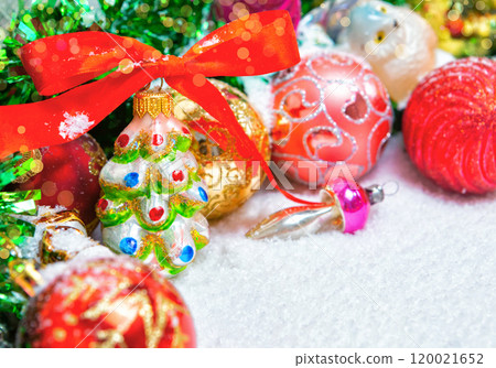 Christmas and New Year background. handmade Christmas glass toys in the snow, Christmas card. place for text. 120021652