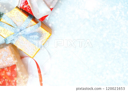 Christmas background with gifts, place for text Winter holiday pattern. Top view, flat lay. 120021653