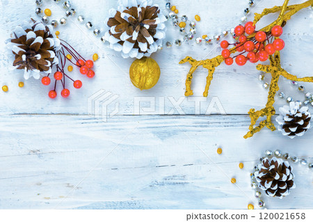 Christmas wooden background with snow branch. Top view with copy space for your text Christmas wooden background with snow branch. Top view with copy space for your text 120021658