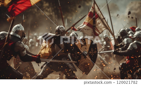 Medieval Knights Engage in a Fierce Battle With Shields and Swords During a Historical Reenactment 120021782