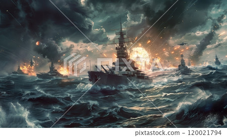 Dramatic Naval Battle Unfolds at Sea During a Fierce Storm With Explosions and Dark Clouds 120021794