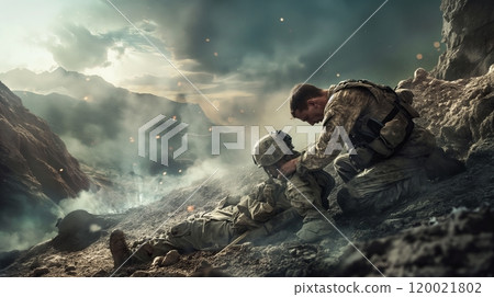 Soldiers Providing Medical Assistance on a Rugged Battlefield During a Dramatic Sunset 120021802