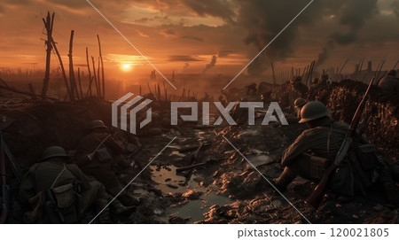 Soldiers Huddling in a Trench During Sunset on the Battlefield in World War I 120021805