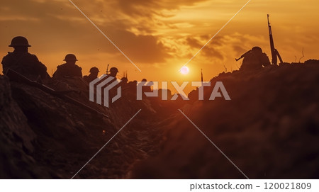 Soldiers in a Trench During a Dramatic Sunset on a War-Torn Battlefield at Dawn 120021809