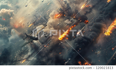 Military Aircraft Engage in Aerial Combat Over a City Engulfed in Flames and Smoke During a Conflict 120021813