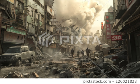 Destruction in a City Street Due to an Explosion Amid Military Presence and Debris Aftermath 120021828