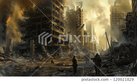 Destruction in a City Street Due to an Explosion Amid Military Presence and Debris Aftermath 120021829