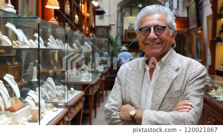 Jewelry Shop Owner Proudly Showcasing Exquisite Jewelry in a Vibrant Marketplace in the Afternoon 120021867