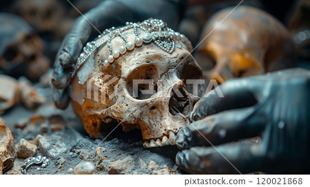 Explorers Examine Ancient Skull Adorned With Jewelry in Archaeological Site During Fieldwork 120021868